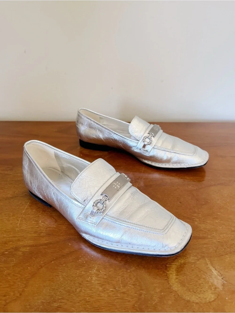 Tory Burch • Perrine Loafer metallic silver square toe leather low heel